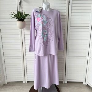 Vtg Vogue City Lavender Knit Skirt Set Floral Embellished Gemstone Womens Size L
